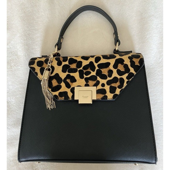 Elegant Black Structured Handbag with Leopard Print Flap Gold Hardware Tassel - Picture 1 of 11
